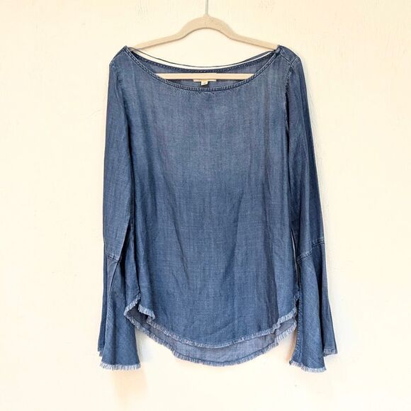 Cloth & Stone Denim Chambray Shirt Size M Fringe Raw Hem Bell Flare Sleeves - Picture 1 of 8